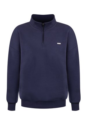 Marineblaues Pullover-Sweatshirt mit Viertelreißverschluss, gerippten Bündchen und Saum, kleinem Logo auf der linken Brust und Stehkragen.