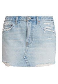 Gonna mini in denim azzurro chiaro con orlo sfrangiato, dettagli strappati, stile a cinque tasche e chiusura con bottone frontale.