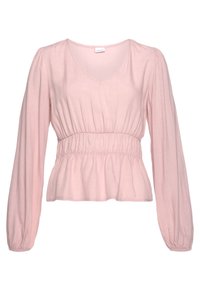 Rosa långärmad blus med V-ringning, sammanrättad midja och avslappnad passform. Mjuk tyg med lätt struktur och utsvängda ärmar.