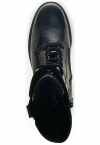 Black leather ankle boot with a rounded toe, featuring laces and a side zipper, textured surface, and a cushioned interior marked "Gabor."