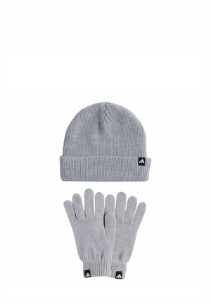 Gray knit beanie with a folded cuff and matching gloves. Both items feature a small black logo tag with three stripes on the cuff.