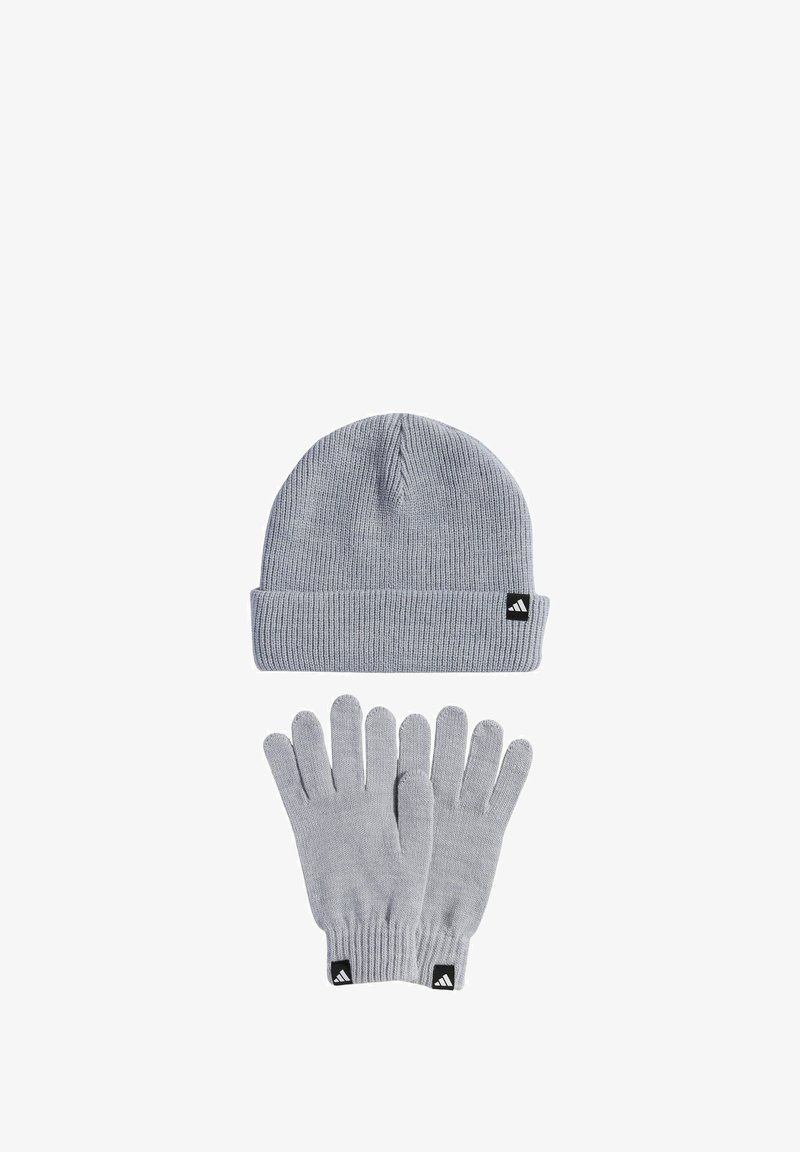 Gray knit beanie with a folded cuff and matching gloves. Both items feature a small black logo tag with three stripes on the cuff.