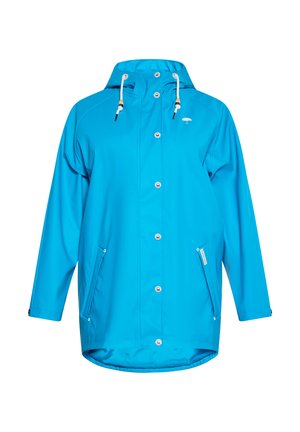 Svijetloplava kišna jakna s kapuljačom i vezicama, opremljena kopčama na dugmadima i bočnim džepovima; izrađena od vodootpornog materijala.