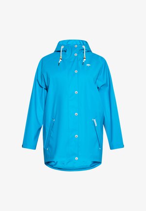 Svijetloplava kišna jakna s kapuljačom i vezicama, opremljena kopčama na dugmadima i bočnim džepovima; izrađena od vodootpornog materijala.
