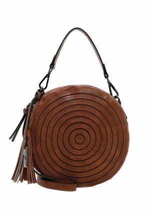 Runde braune Lederhandtasche mit konzentrischem Kreis-Muster, abnehmbarem Riemen und Quasten-Detail vor weißem Hintergrund.