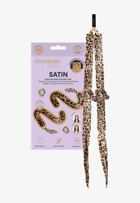 Sateng varmefri hårruller med leopardmønster, to lange bånd og en matchende scrunchie, pakket i en lilla eske.