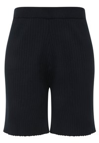 Mustat ribbikuvioiset trikoot, joissa on tiukka malli ja scallop-äärie. Valmistettu pehmeästä kankaasta, jossa on joustava vyötärö mukavuutta varten.