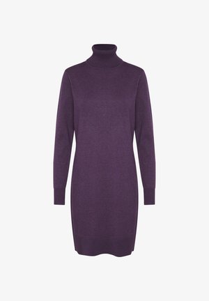 Purple turtleneck dress made of soft knit fabric. Features long sleeves, ribbed cuffs, and a relaxed silhouette, with a mid-thigh length.