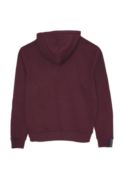 Felpa borgogna con una texture morbida, dotata di tasca a marsupio, polsini a costine e cappuccio con coulisse. Design semplice e a pullover.