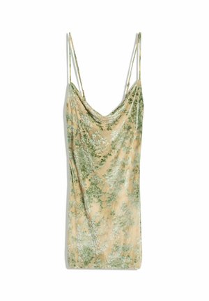 Beige színű slip ruha zöld virágos bársony mintával, vízszintes dekoltázzsal és vékony, állítható vállpántokkal.