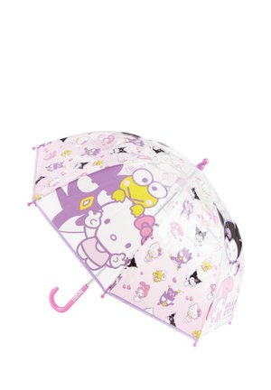 Parapluie transparent pour enfants avec bordure violette, poignée rose et personnages de dessins animés colorés, dont Hello Kitty et ses amis sur la toile.