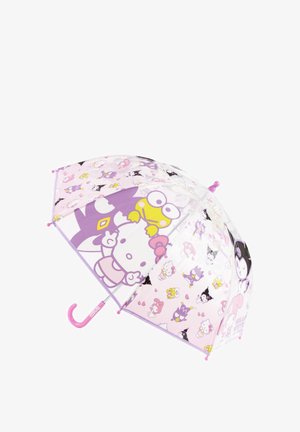 Transparenter Kinder-Regenschirm mit violettem Rand, pinkem Griff und bunten Comicfiguren, darunter Hello Kitty und Freunde auf dem Schirm.