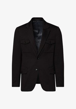 Czarna marynarka o strukturalnym fasonie, z dwiema przednimi kieszeniami z klapami i wzorzystą podszewką. Wykonana z gładkiego materiału.