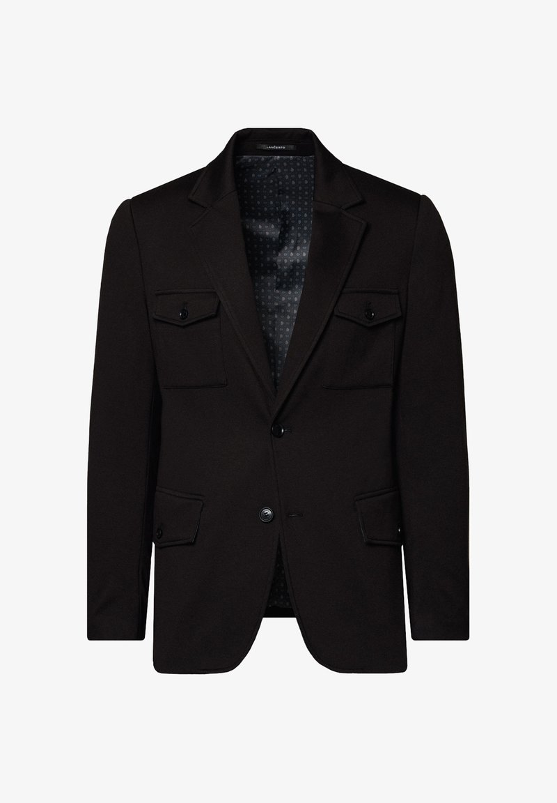 Czarna marynarka o strukturalnym fasonie, z dwiema przednimi kieszeniami z klapami i wzorzystą podszewką. Wykonana z gładkiego materiału.