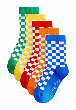 Set de șosete multicolore, cu un model în carouri în verde, galben, roșu, portocaliu și albastru, cu manșete cu nervuri și textură moale.