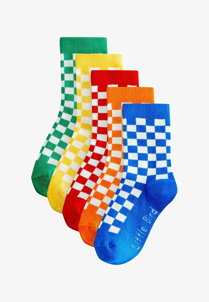 Set večbarvnih nogavic s karirastim vzorcem v zelenih, rumenih, rdečih, oranžnih in modrih odtenkih, z rebrastimi manšetami in mehko teksturo.