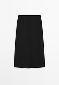 Black knee-length skirt made of structured fabric, featuring central pleats, smooth texture, and a straight cut with no visible hardware.