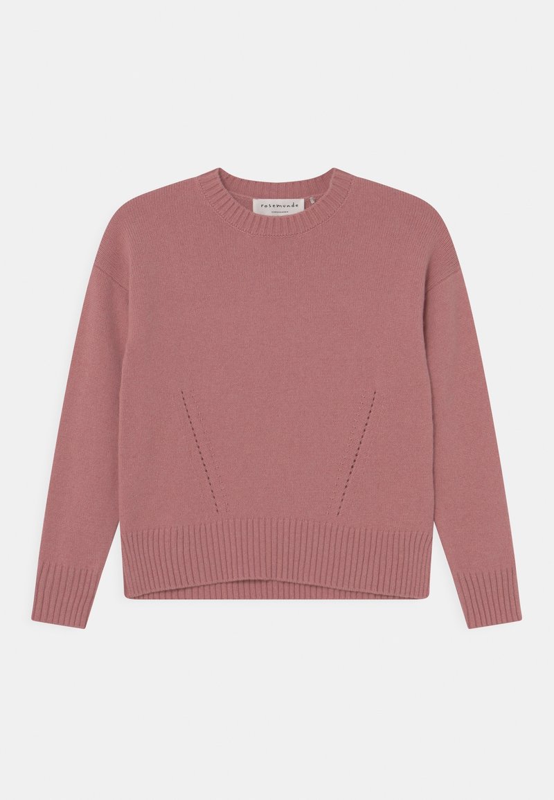 Pull en maille mauve à manches longues avec poignets, ourlet et encolure côtelés, présentant des détails subtils de points diagonaux sur le devant.