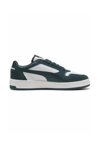 Sneakers med en mørk teal læder- og ruskindsoverdel, hvid mellemsål og snørebånd. Har et fremtrædende side-logo og teksturerede accenter.