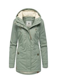 Light green parka jacket with a hood, featuring a cream lining, drawstrings, front zip, and two side pockets with button closures.