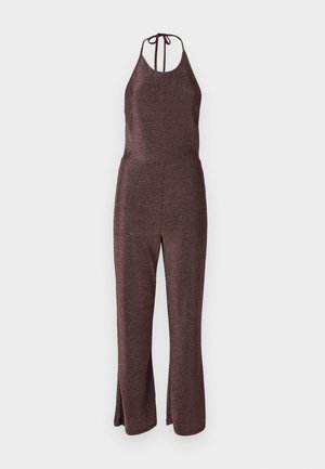 Dark purple, glittery jumpsuit with a halter neck and adjustable tie. Fitted bodice, wide-leg design, smooth texture, and split hems.