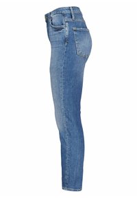 Korkea vyötärö, slim fit -farkut vaaleansinisestä denimistä. Ominaisuuksiin kuuluu takataskut ja hillitty haalistuminen sekä sileä pinta ja suora lahjetyyli.