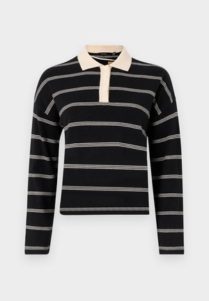 Black long-sleeve polo shirt with cream horizontal stripes, featuring a cream collar and three-button placket. Soft knit texture.