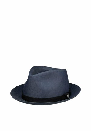 Dark blue fedora hat with black band and silver button detail, displayed on a white background.