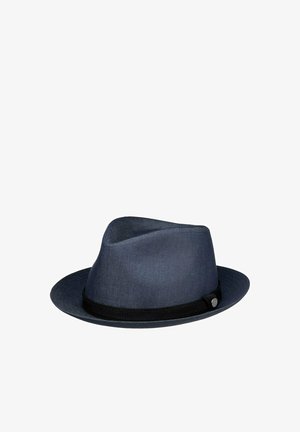 Dark blue fedora hat with black band and silver button detail, displayed on a white background.