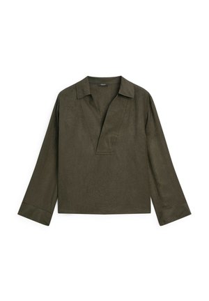 Olive green long-sleeve blouse with a V-neckline and a relaxed fit. Made of textured fabric with cuffed sleeves.