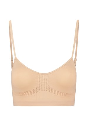 Beige bralette met verstelbare bandjes, gladde textuur, naadloos ontwerp en een subtiel mesh patroon in het midden voor ademend vermogen.