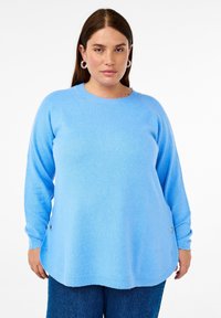 Helles blaues, langärmliges Sweatshirt mit Rundhalsausschnitt, weicher Textur und abgerundetem Saum, das ein kleines Akzentlogo an der Seite trägt.