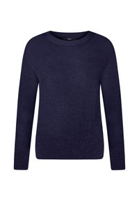 Pull en maille bleu marine à manches longues avec col rond et poignets et ourlet côtelés, présenté sur un fond blanc.