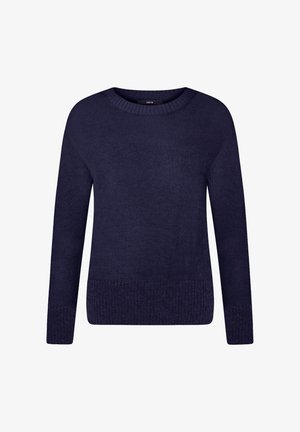 Marineblå langærmet strikket sweater med rund hals og ribbekanter ved ærmer og bund, vist på hvid baggrund.
