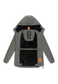 Gray jacket with a hood, featuring a soft black interior lining, orange accent tag, and zippered pockets. Smooth outer texture, modern design.