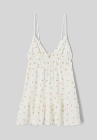 Robe d'été blanche sans manches avec fines bretelles, décolleté en V profond, taille froncée et petits motifs d'étoiles dorées partout.