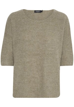 Žalias trumpas rankovėmis megztinis su laisvu siluetu ir apvaliu kaklu. Minkšta tekstūra ir bambukinis raštas visame megztinyje.