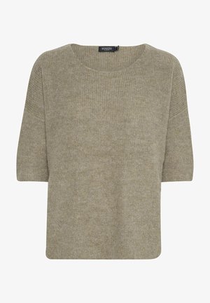 Zaļš īsām piedurknēm adīts džemperis ar brīvu piegriezumu un apaļu kakla izgriezumu. Maiga tekstūra un ribota raksts visā džemperī.