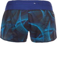 Uintishortsit, joissa on sininen ja musta abstrakti kuvio. Valmistettu kevyestä, nopeasti kuivuvasta kankaasta; joustava vyötärönauha.