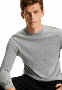 Graues Langarmshirt aus leichtem Strickstoff mit Rundhalsausschnitt, ausgestattet mit gerippten Bündchen und einer glatten Textur.