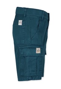 Teal cargo shorts valmistettu kestävästä kankaasta, jossa on useita taskuja ja merkki-logo. Yksityiskohtainen ompelu koko vaatteessa.