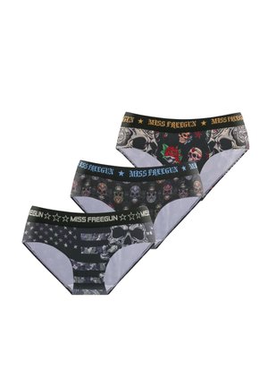 Culottes noires pour femmes avec motifs de crâne, rose et étoile, chacune dotée d'une ceinture élastique marquée "Miss Freegun" de différentes couleurs.