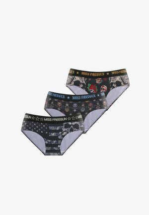 Culottes noires pour femmes avec motifs de crâne, rose et étoile, chacune dotée d'une ceinture élastique marquée "Miss Freegun" de différentes couleurs.