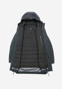 Giacca resistente all'acqua con un esterno scuro, interno trapuntato nero, zip frontali e cappuccio regolabile. Presenta una texture liscia.