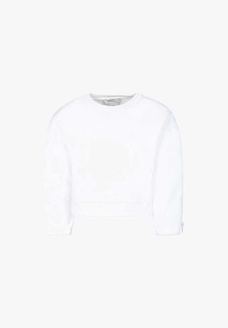 Sweatshirt blanc court en coton doux. Il présente des manches longues avec des poignets côtelés et un design classique à col rond.