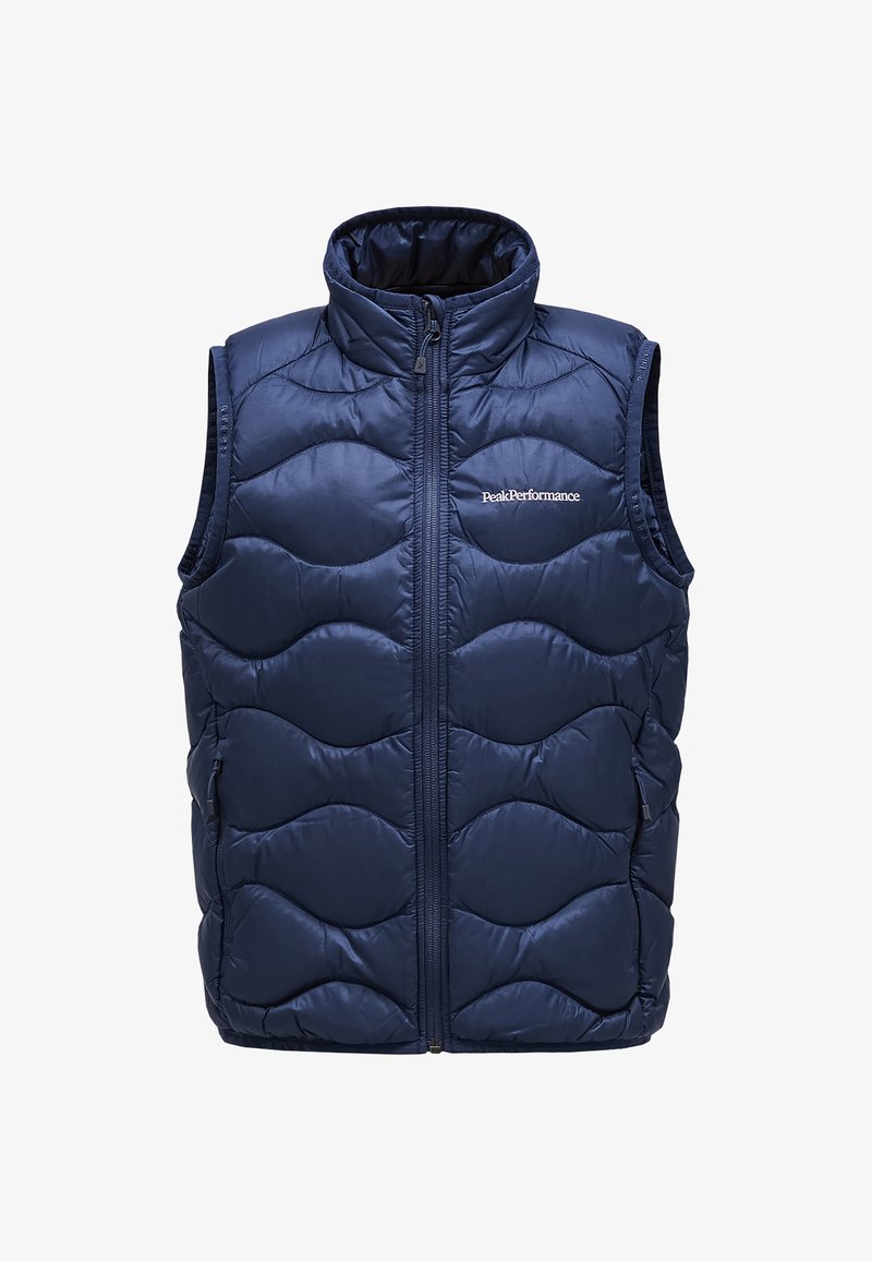Gilet imbottito blu navy con colletto alto, zip frontale e design trapuntato con motivi curvi. Logo del marchio sul lato sinistro del petto.