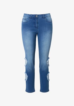 Jeans in denim blu con dettagli strappati sulle ginocchia, un classico design a cinque tasche e una vestibilità dritta.
