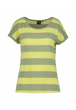 T-shirt met korte mouwen en een ronde hals, met brede horizontale strepen in geel en olijfgroen en opgerolde mouwzomen.