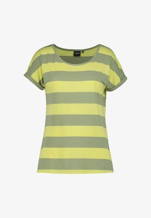 T-shirt à manches courtes avec col rond, à larges rayures horizontales jaunes et vert olive, avec ourlets retroussés aux manches.