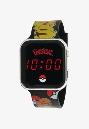 Orologio digitale Pokémon con cinturino in silicone nero e design di Pikachu e Charmander. Cassa quadrata che mostra l'ora in cifre rosse.